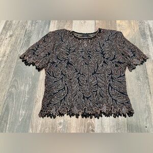 Laurence Kazar Beaded Sequin Black Brown Iridescent Silk Blouse Large Vintage